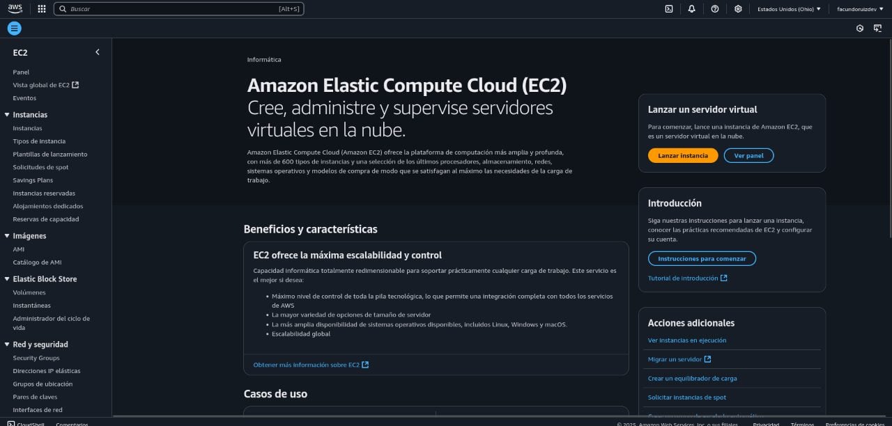 Panel de EC2 en la consola de AWS